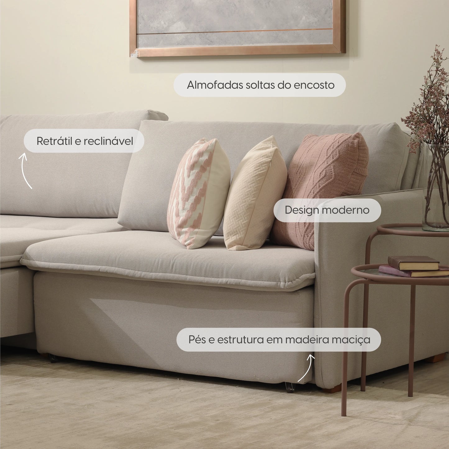Reembalado - Sofá Cama Retrátil e Reclinável 3 Lugares Vancouver 196 cm - Linho Texturizado Off White