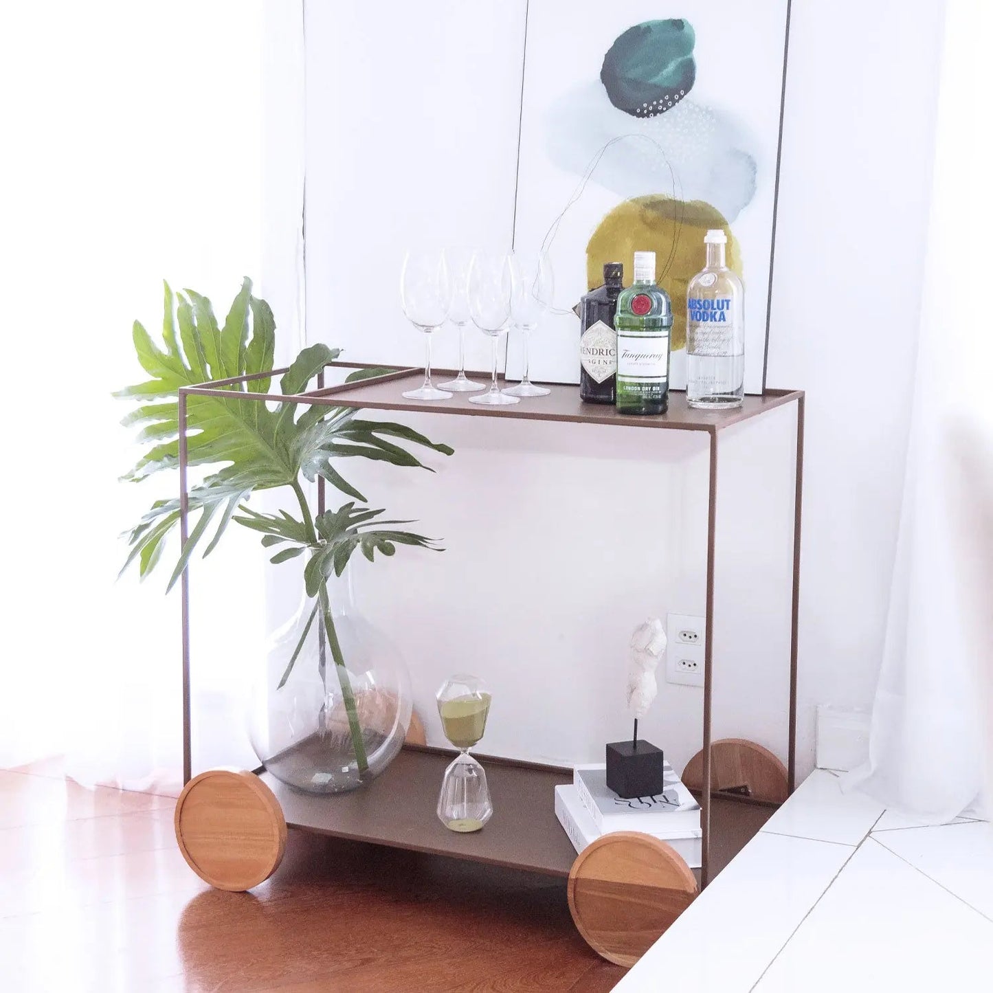 Reembalado - Carrinho Bar 2 Prateleiras em Aço e Rodas de MDF Mercúrio 90 cm - Marrom c/ Natural