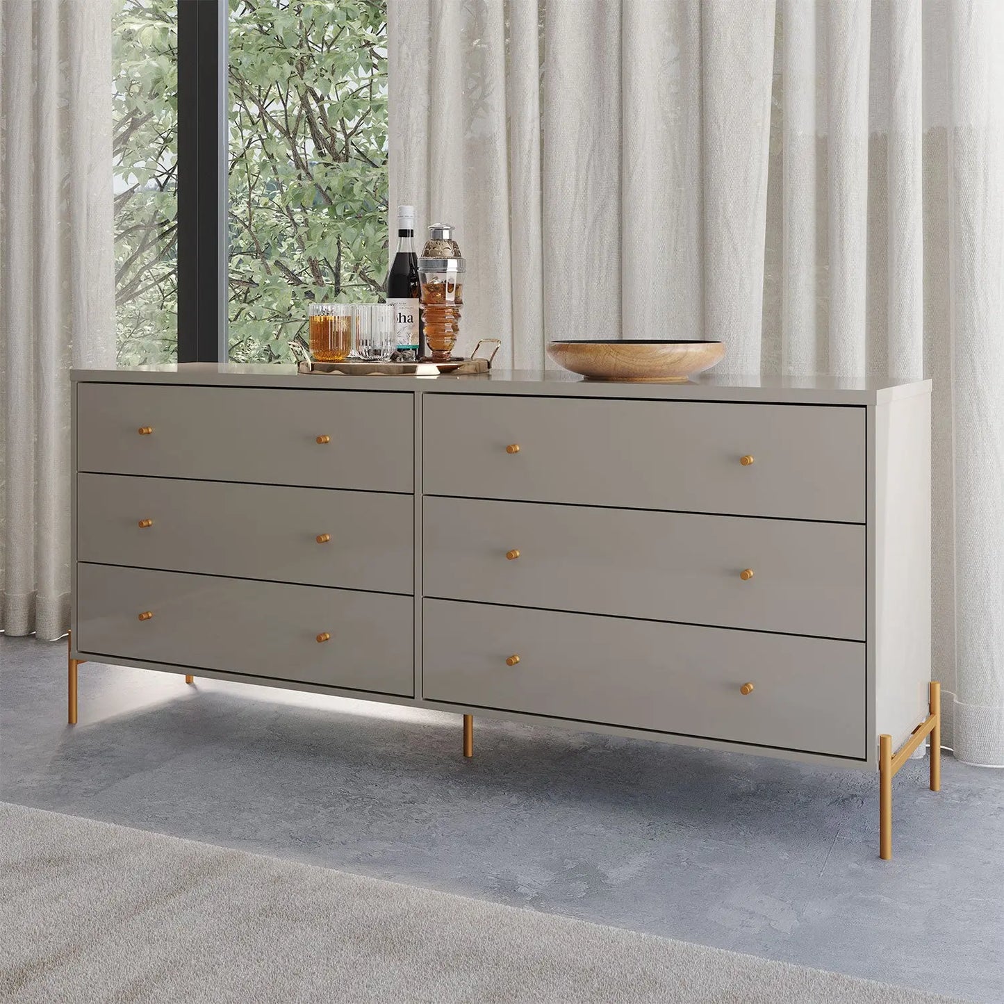 Reembalado - Cômoda c/ 6 Gavetas Jasper 180 cm - Grigio Gloss c/ Dourado