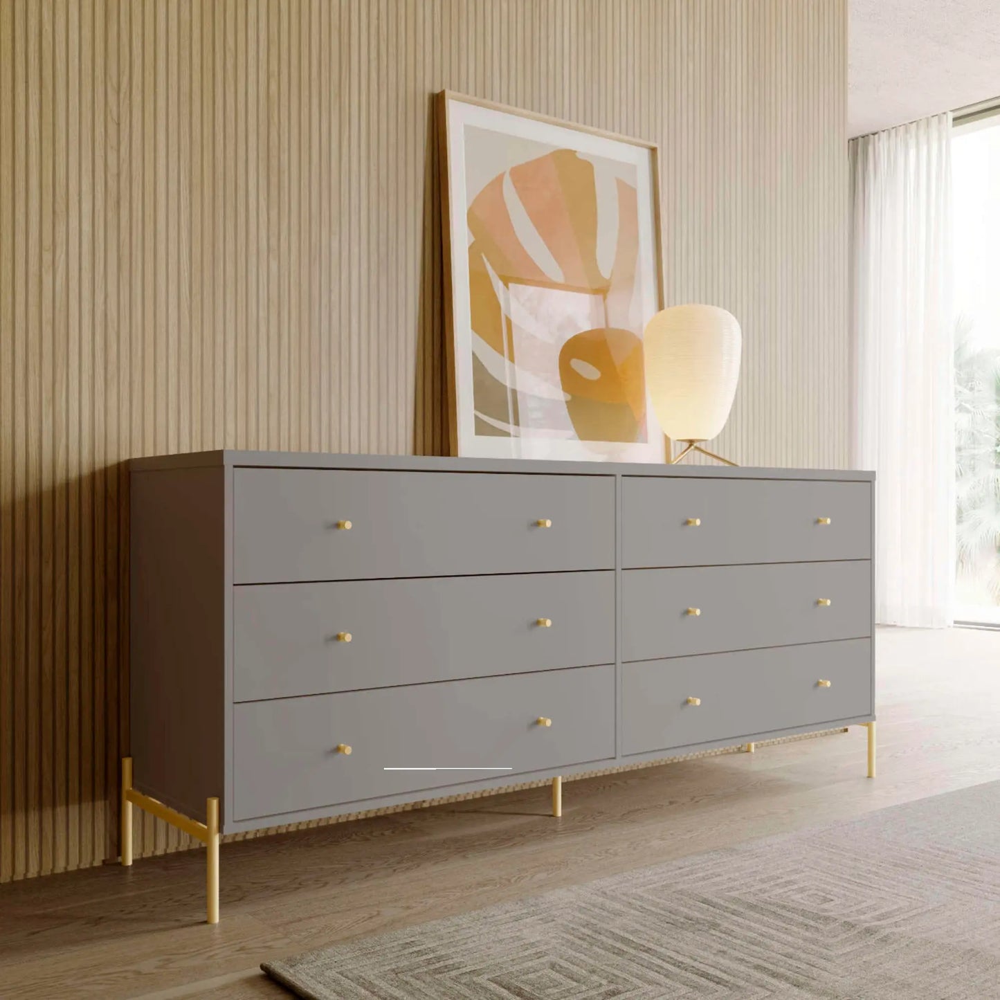 Reembalado - Cômoda c/ 6 Gavetas Jasper 180 cm - Grigio Gloss c/ Dourado