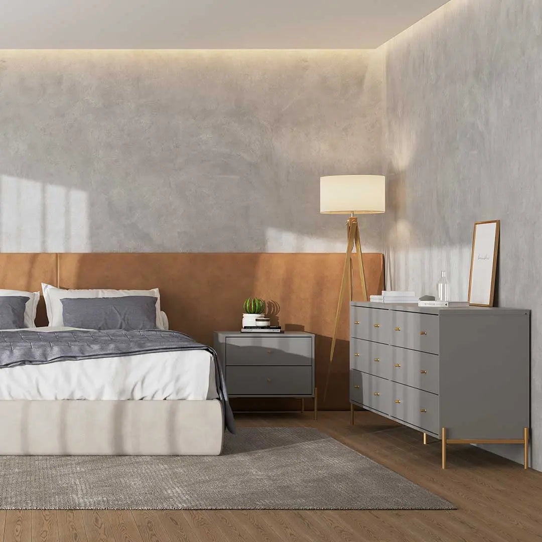 Reembalado - Cômoda c/ 6 Gavetas Jasper 180 cm - Grigio Gloss c/ Dourado