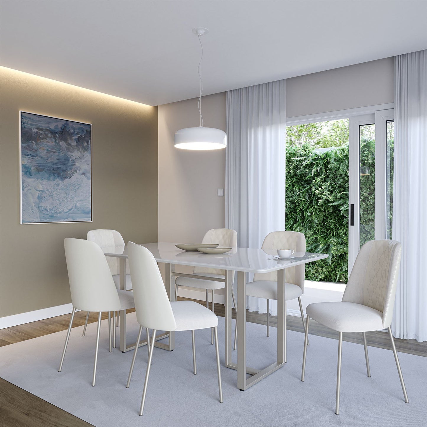 Reembalado - Cadeira de Aço Estofada Matelassê Arcádia - Champanhe c/ Linho Off White - PU Off White