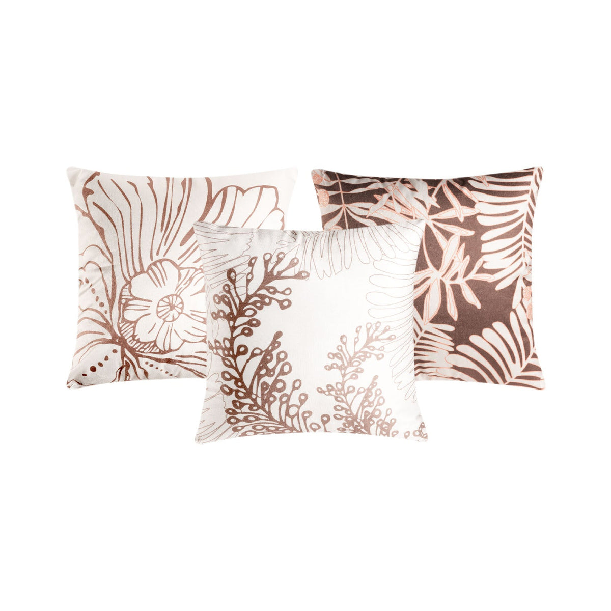Kit com 3 Almofadas Veludo Florear 43 x 43 cm - Off White c/ Marrom