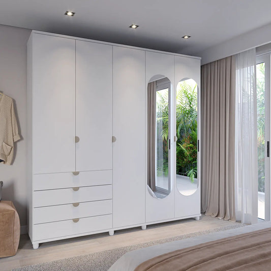 Reembalado - Guarda-Roupa Casal com Espelho 5 Portas 4 Gavetas 100% MDF Look 226 cm - Branco Fosco c/ Champanhe