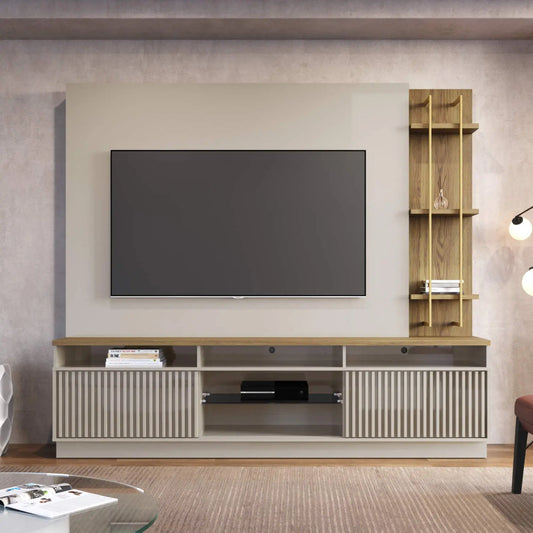 Reembalado - Home para TV até 75” 3 Prateleiras 2 Portas Varese 220 cm - Freijó c/ Off White