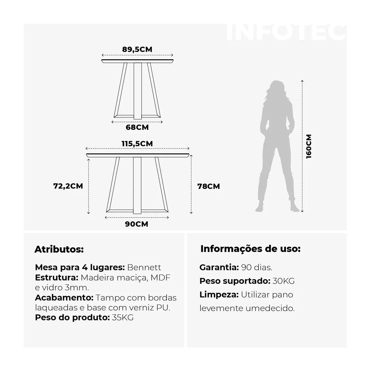 Mesa de Jantar Bennett c/ Vidro 115 cm - Cinamomo c/ Vidro Off White