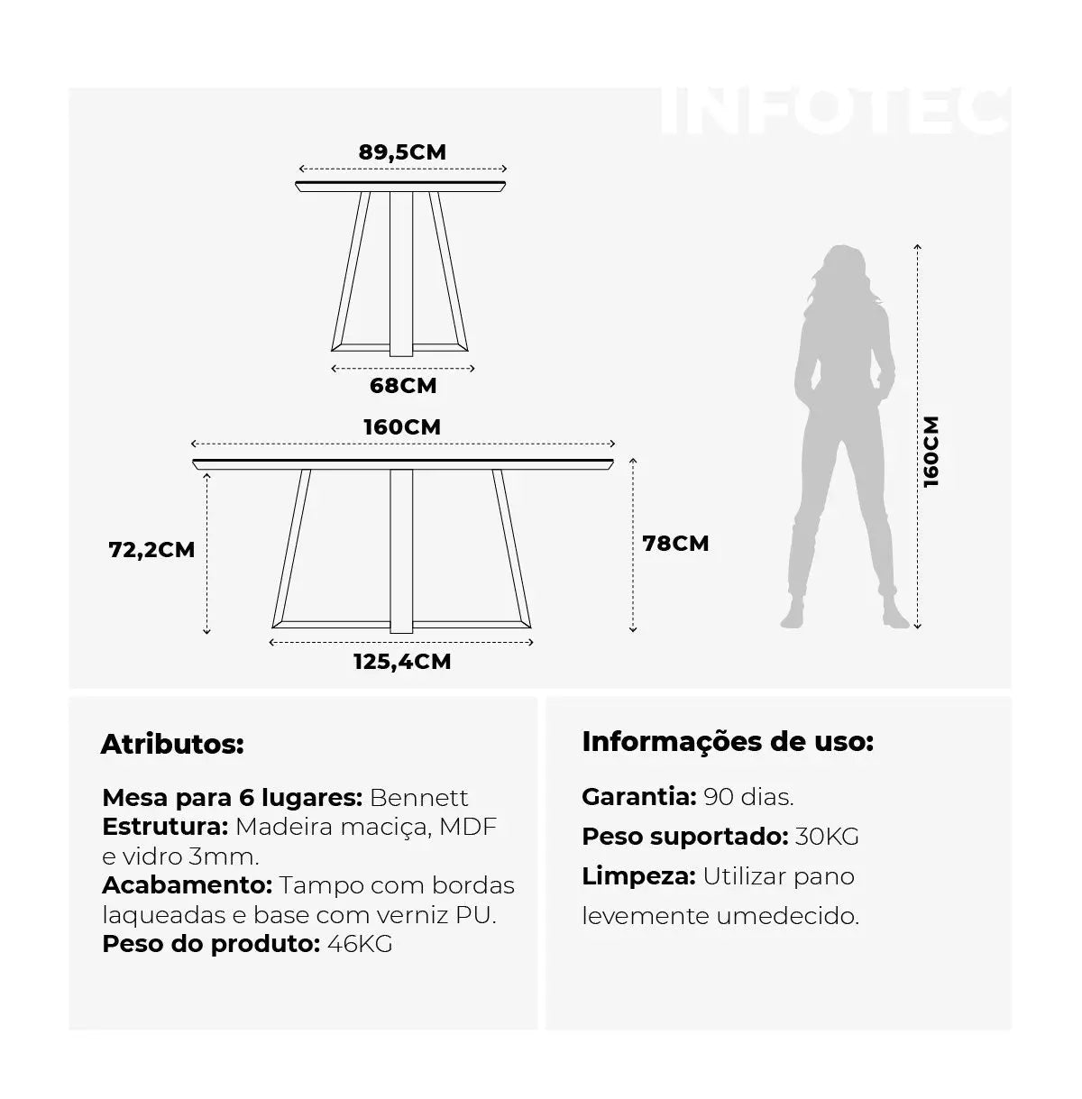 Reembalado - Mesa de Jantar Bennett c/ Vidro 160 cm - Cinamomo c/ Vidro Off White