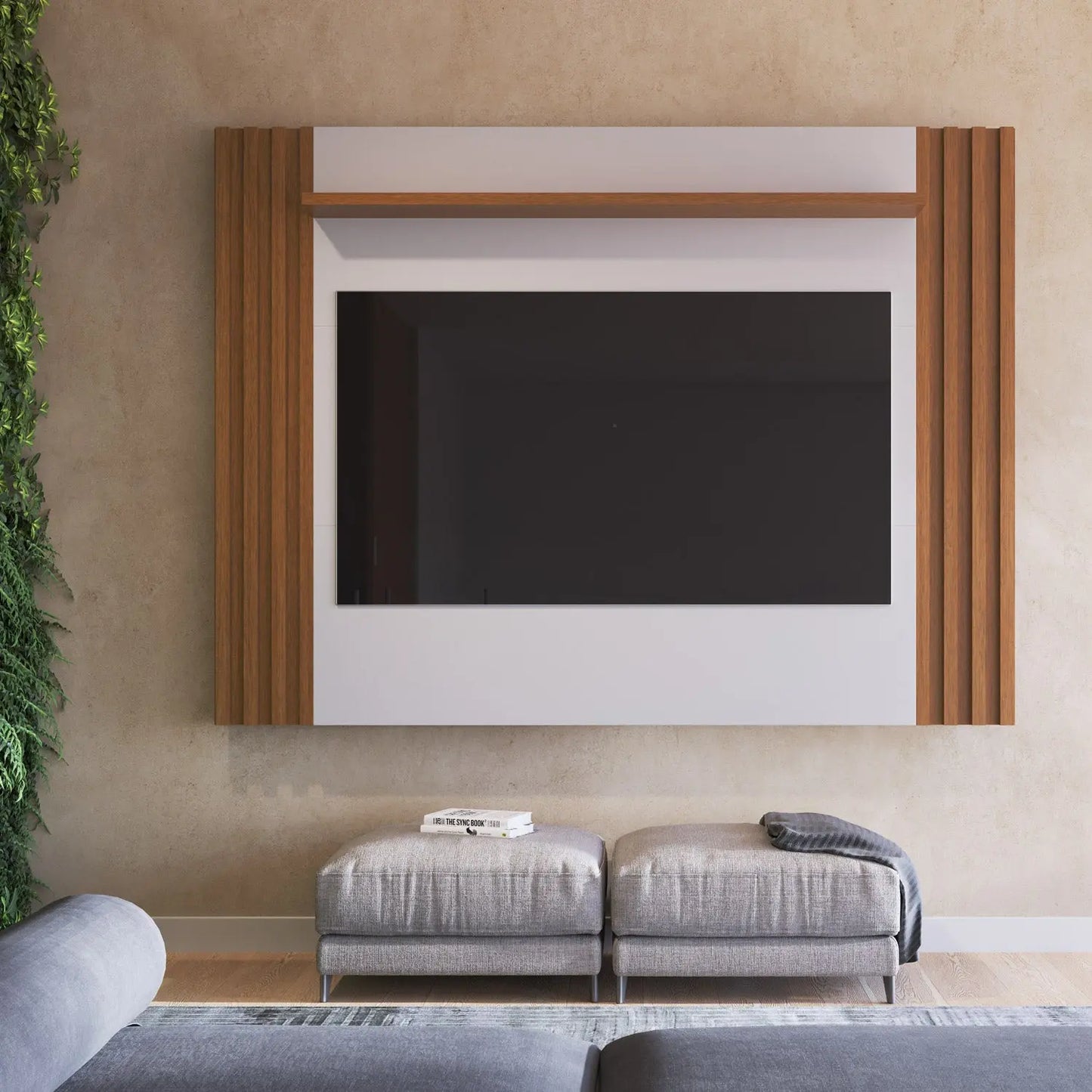 Reembalado - Painel Ripado para TV até 75” 1 Prateleira Allure 180 cm - Natural c/ Branco Fosco