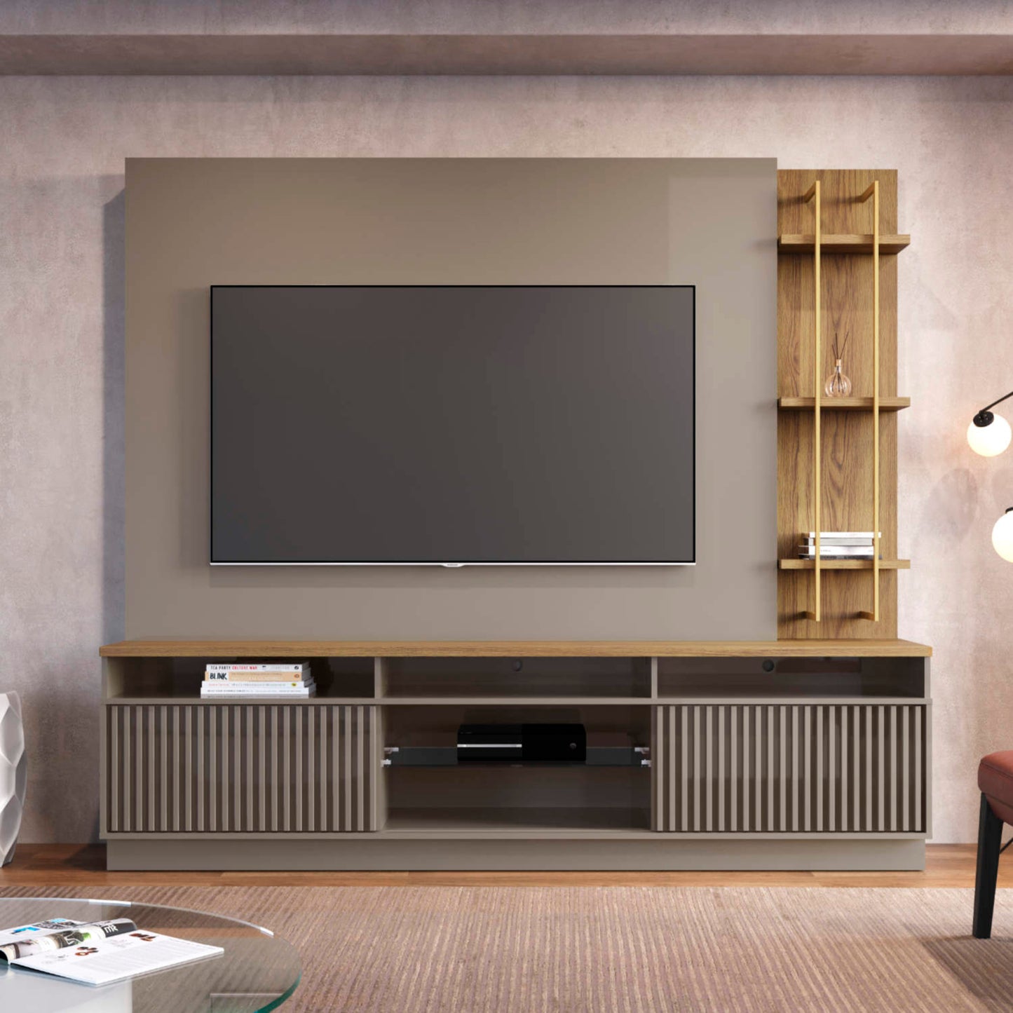 Home para TV até 75” 3 Prateleiras 2 Portas Varese 220 cm - Freijó c/ Grigio Gloss